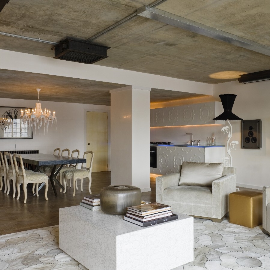 Interior Design Luxury Living room, Bespoke white kitchen
