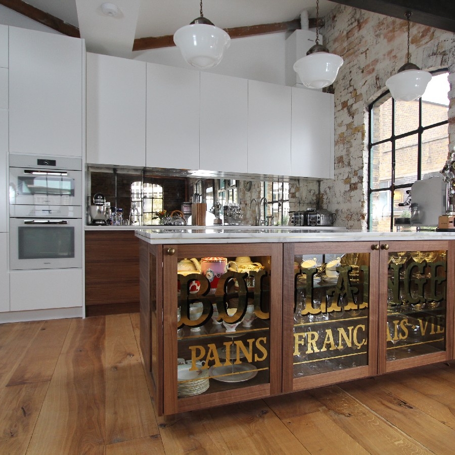 Bespoke white and walnut kitchen, marble worktops with brass inlay, bespoke furniture, vintage/french style