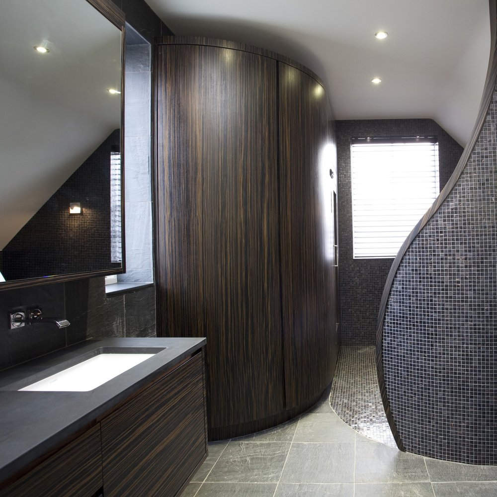 Luxury Bespoke Bathroom. Double Slate Basin. Sauna Room. Macassar Wood Furniture. Bespoke Furniture. Slate Floor. Slate Wall. Mosaic Wall.