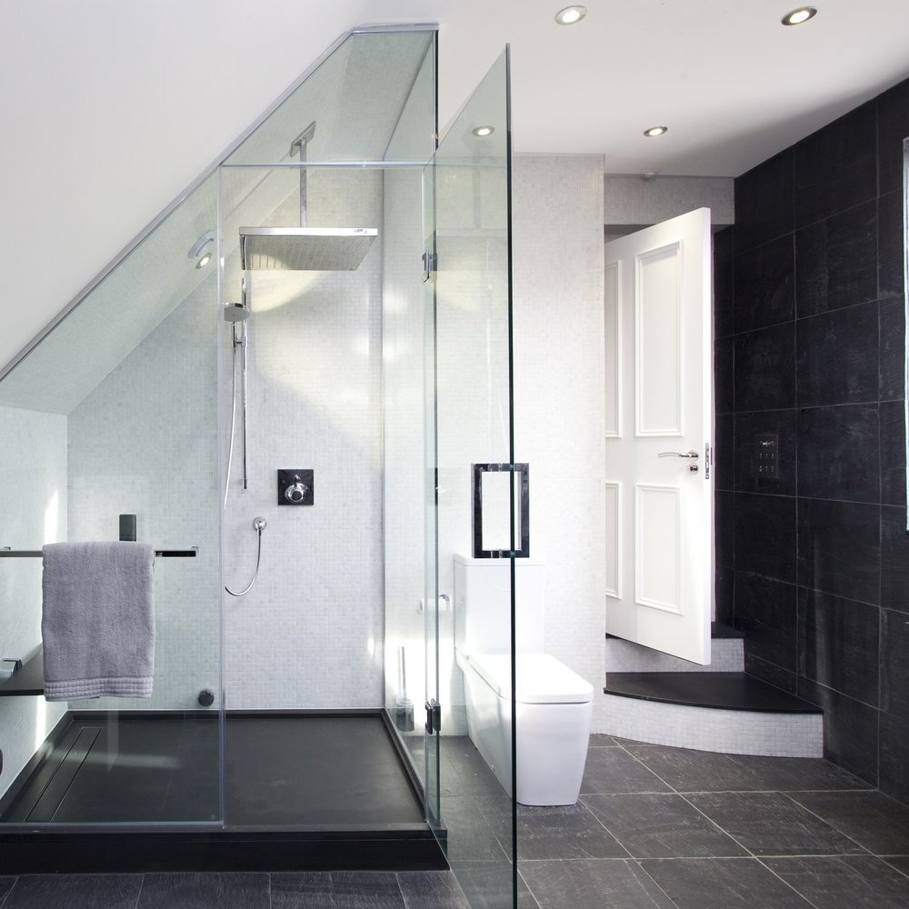 Luxury Bathroom. Large Bespoke Shower. Steam Room. Glass Shower. Slate Floor.