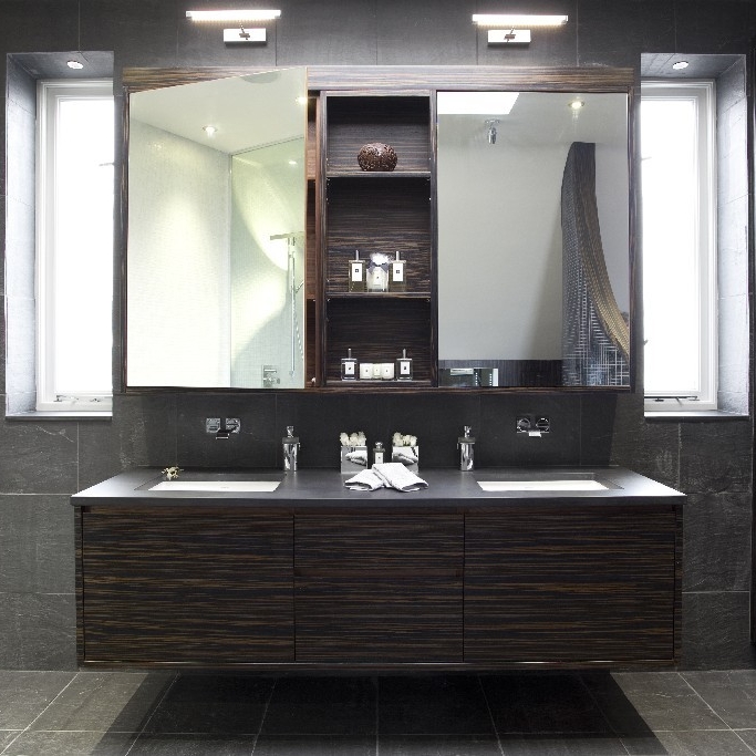 Luxury Bathroom. Bespoke Double Basin. Macassar Wood. Bespoke Furniture. Floating Basin.