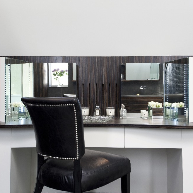 Luxury Bathroom. Bespoke Dressing Table. Bespoke Furniture. White Lacquer and Macassar Furniture.